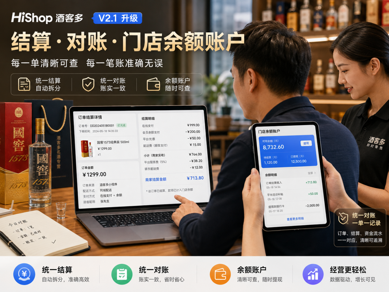 【重磅更新】HiShop酒客多即时零售V2.1版本：配送、结算和权限再度升级