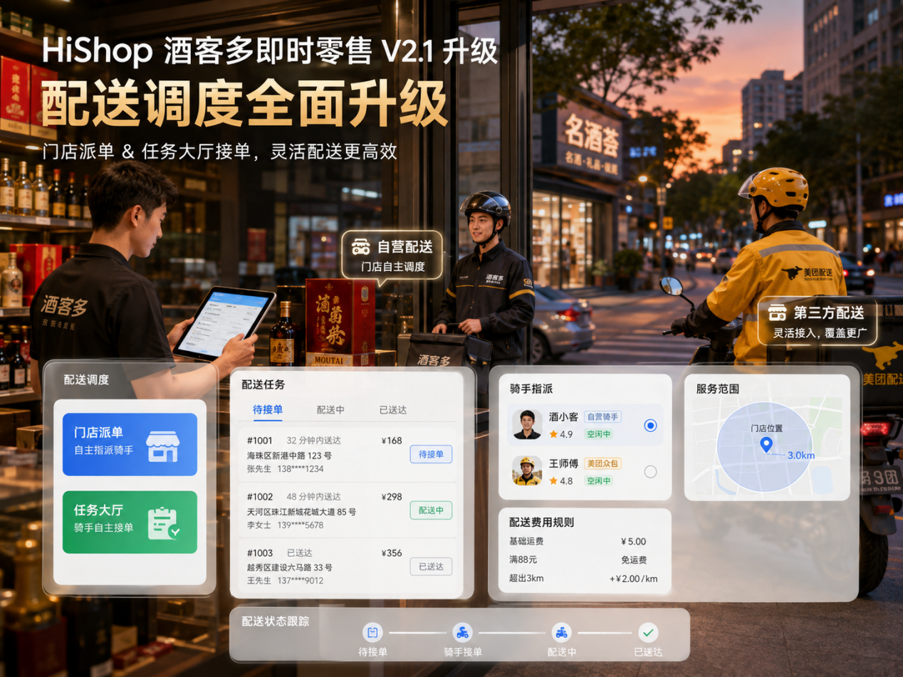 【重磅更新】HiShop酒客多即时零售V2.1版本：配送、结算和权限再度升级